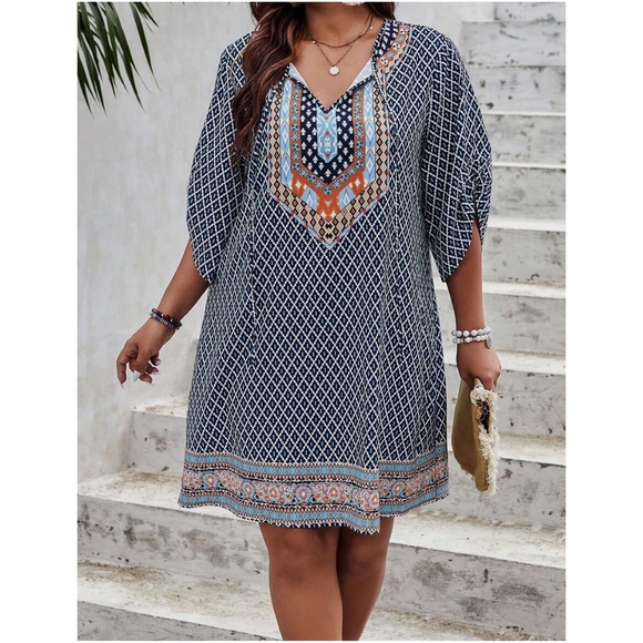 Dresses & Skirts - Plus Tribal Print Neck tie Mini Dress
